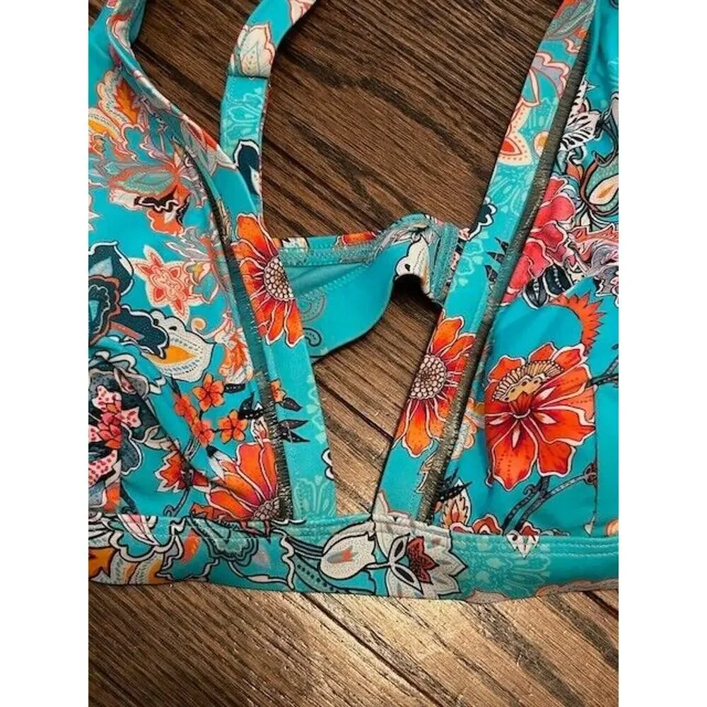 Sea Level Australia Dominica Triangle Bikini Top Luminous Trim Floral Aqua‎ Sz 4